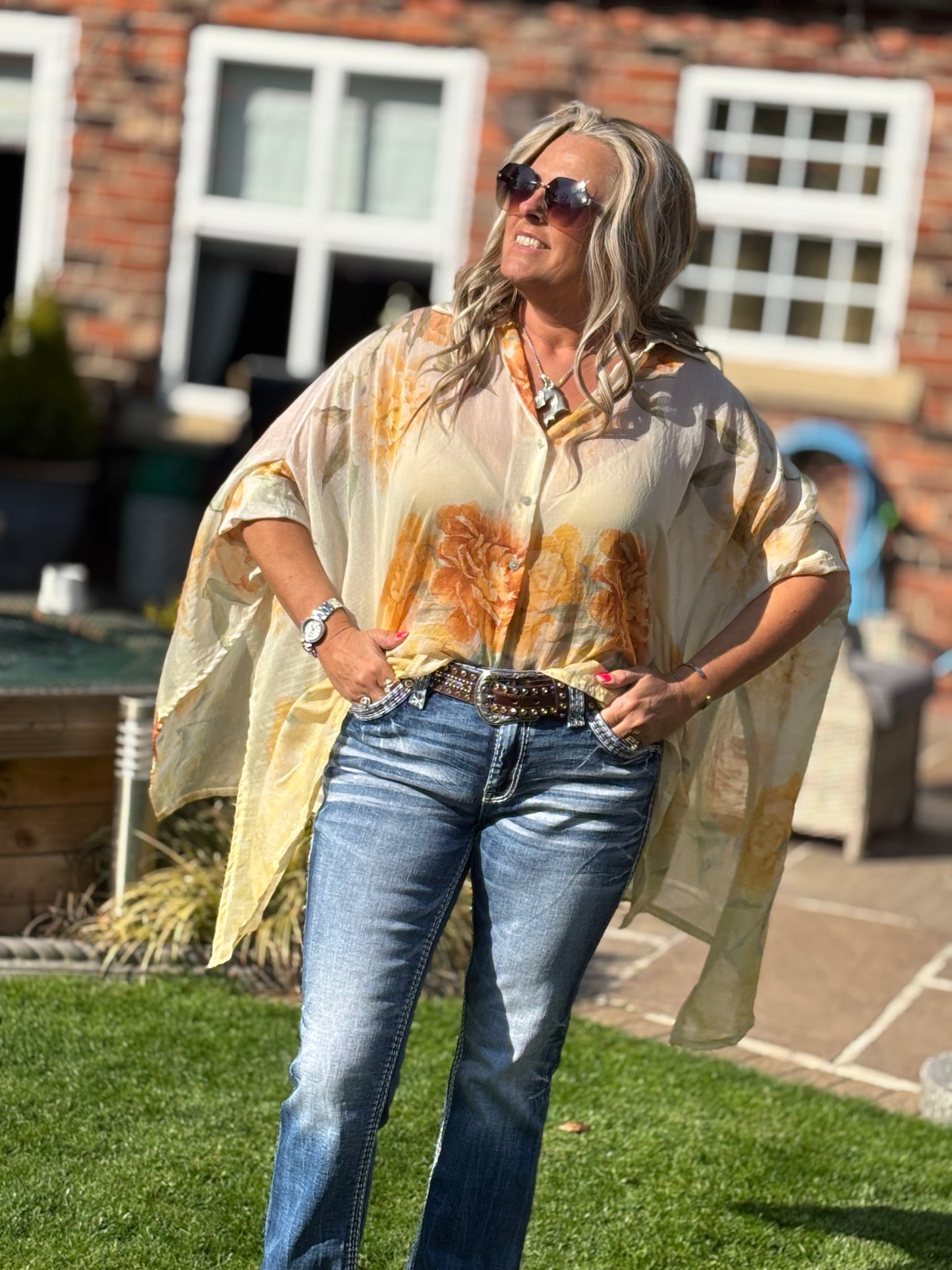 Yellow floaty floral shirt neck blouse Free Size