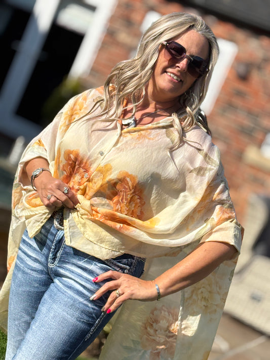 Yellow floaty floral shirt neck blouse Free Size